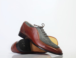 Handmade Men&#39;s Brown Gray Square Toe Leather Suede Shoe, Men Designer Shoes - £115.92 GBP+