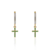 18K Gold Dangle Charm Cross Shaped Hoop Earrings - £497.64 GBP