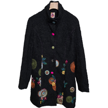 DY Design Medium Women&#39;s Boho Chic Black Wool Embroidered Colorful Design Coat - £39.90 GBP