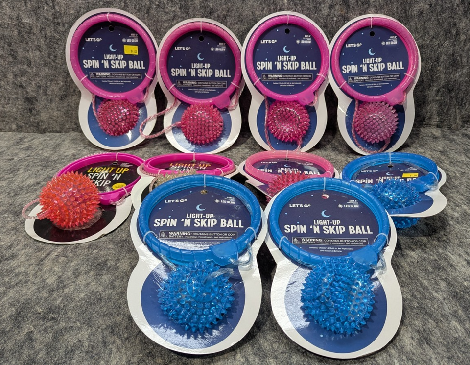 Lot of 10 New Let&#39;s Go Light-Up Spin &#39;N Skip Ball Pink &amp; Blue - $32.99