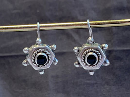 Sterling Silver Earrings 7.75g Jewelry Hexagon Black Round Stone Drop Pierced  - £23.99 GBP