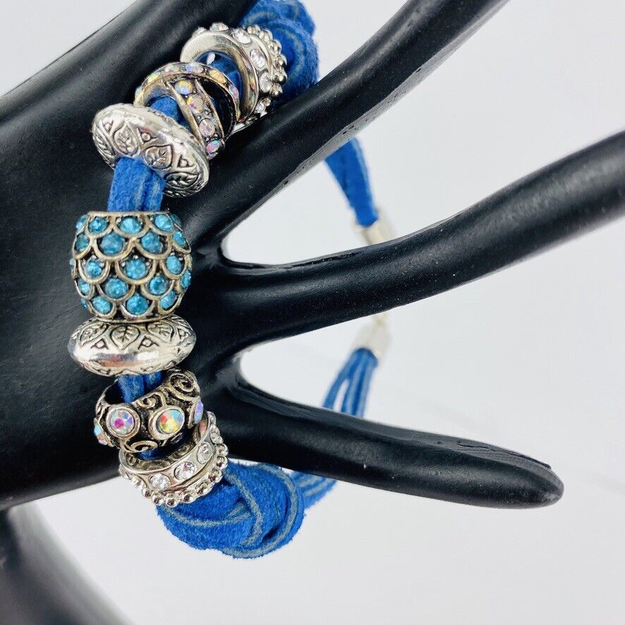Blue Leather Bracelet Rhinestone Crystal Silver Tone Boho Adjustable Bling Item image 4