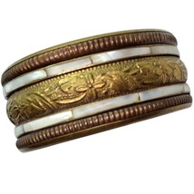 Vtg Bangle Bracelet Repousse Flower Artisan brass Two tone metal MOP boh... - $29.69