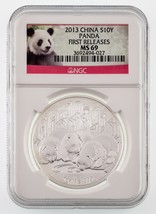 2013 Cina 1 Oz. Argento Panda S10Y Selezionato Da NGC Come MS-69 Primo Stampe - £52.78 GBP