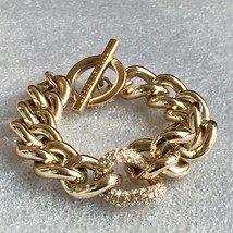 Victoria&#39;s Secret Gold Tone Cuban Chain Link Toggle Bracelet Pavé Rhinestones - £11.86 GBP
