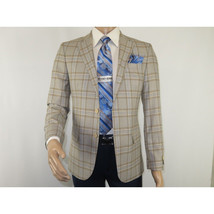 Men Sport Coat by Berlusconi Turkey Soft European Plaid #MK80 04 Beige Blue image 2
