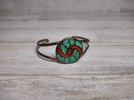 Vintage Turquoise and Coral Chip Inlay Small Childs Cuff Bracelet 2&quot; - £16.79 GBP