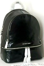 Michael Kors Rhea Zip Medium Backpack Black Leather Silver Travel Bagnwt - £189.91 GBP