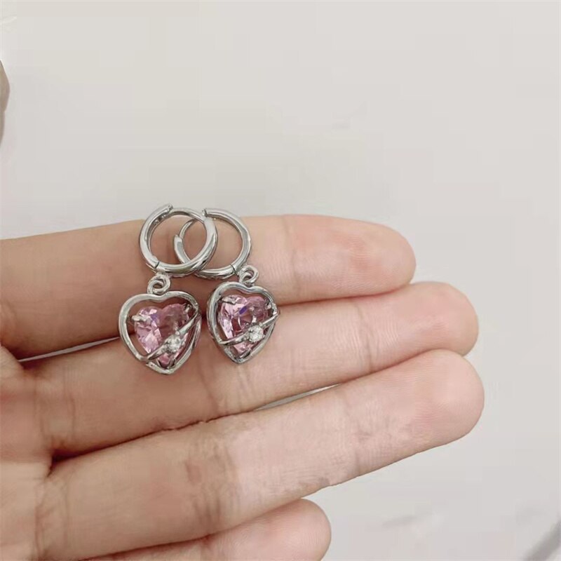 Korean Fashion Blue Moonstone Love Heart Earring Girls Aesthetic Set Pink Zircon - £10.46 GBP