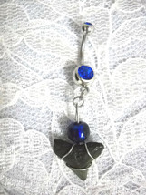Real Fossil Shark Tooth &amp; Cobalt Blue Bead On 14g Blue Cz Gem Belly Ring Barbell - £9.61 GBP