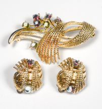Vintage LISNER Signed Brooch &amp; Earring Suite Floral Aurora Borealis Gold... - $86.11