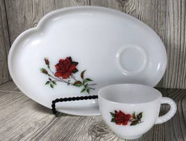 VTG Federal Glass ROSECREST Milk Glass Snack Plate Cup Red Rose Replacement 1 - £19.42 GBP
