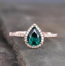 Emerald Ring, 14k Rose Gold Emerald Ring, Lab Created Pear Shape Emerald Ring - £120.43 GBP