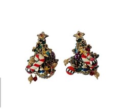 Lunch At The Ritz Enamel Crystal Candy Cane Christmas Tree Clip Earrings - £221.87 GBP