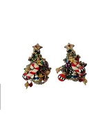 LUNCH AT THE RITZ Enamel Crystal Candy Cane Christmas Tree Clip Earrings - £225.53 GBP