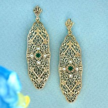 Natural Emerald and Pearl Vintage Style Filigree Earrings in 9K Yellow Gold - £1,181.99 GBP