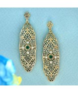 Natural Emerald and Pearl Vintage Style Filigree Earrings in 9K Yellow Gold - £1,197.53 GBP