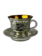 Mercury Glass Cup &amp; Saucer Hand Blown Antique Victorian Silver Floral Set - $116.53