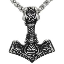Norse Valknut Thors Hammer Necklace Silver Stainless Steel Viking Pendant Chain - £21.57 GBP