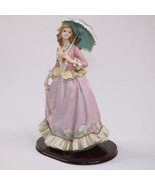 Vintage Lady With Umbrella Wood Base 9 Inches Tall Figurine Pink Ruffle ... - $20.68