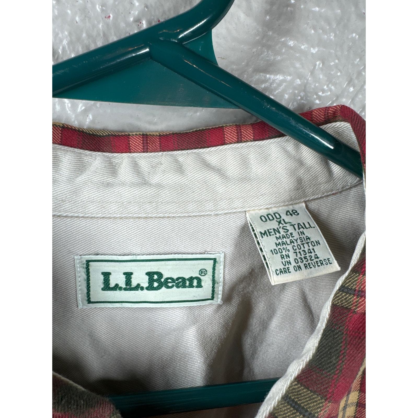 LL Bean Mens Tall Long Sleeve Shirt Green Tan Red Cotton Plaid Cotton Size XLT Item image 3