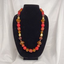 Vtg Monet Lucite Necklace Red Amber Gold Chunky Marble Beaded Signed 29&quot; Boho - £18.97 GBP