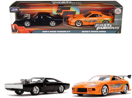 Dom&#39;s Dodge Charger R/T Black Brian&#39;s Toyota Supra Orange Set of 2 Pcs Fast &amp; Fu - £27.26 GBP