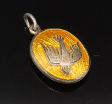 925 Silver - Vintage Antique Yellow Enamel &amp; Dove Bird Charm Pendant - P... - £28.38 GBP