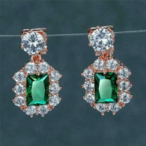 4.50Ct Emerald Cut Simulated Green Emerald Dangle Earrings 14K Rose Gold Plated - £46.43 GBP