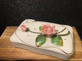 Vintage Lefton Rose Box, Bougie Vanity Decor, 3D Porcelain Flower Trinket Box - $16.36