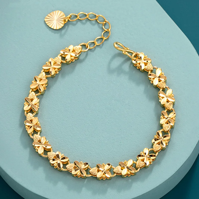 Fashion Lucky 24K Gold Bracelet 6mm Four-leaf clover gold bracelet, Suitable For - £16.30 GBP