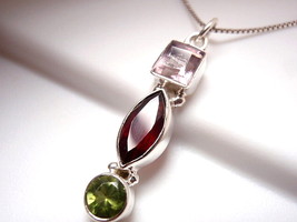 Faceted Amethyst Garnet Peridot  Pendant Sterling Silver Square Marquise as68c - $12.59