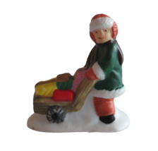 Christmas Village Figurine Boy Pushing Sled Wagon w/ Gifts Present ~1.7&quot;... - $8.48