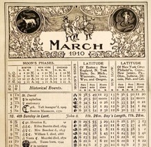 March April 1910 Calendar Page Moon Phases Sun Double Sided Ephemera ADB... - $29.99