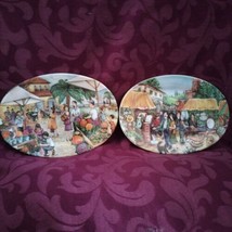 Market Scene From Italy Oval Art Plate Osteria &amp; Flower Market 8&quot;X6&quot; Set Of 2 - £19.43 GBP
