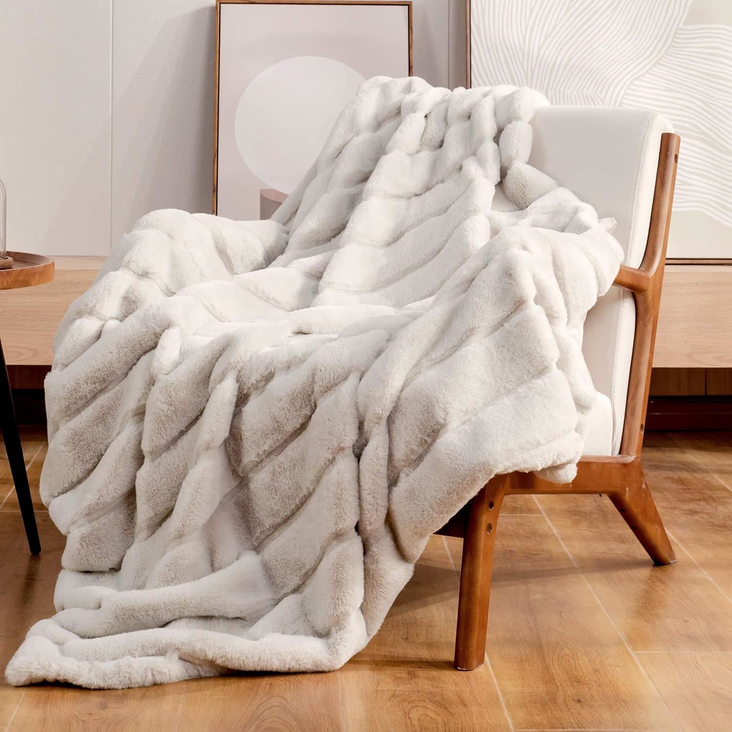 Cozy Bliss Luxury Super Soft Striped Faux Fur Throw Blanket For Couch,, Beige). - $77.92