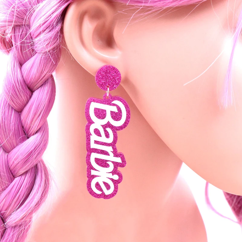 Fashion Barbie Earring Pink Letter Ear Pendants Acrylic Exaggerate Two-tone - £7.39 GBP+
