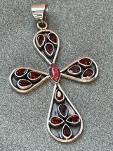 Large 925 Silver CROSS w Ruby Red Teardrop Rhinestone &amp; Center Pinched Oval Opal - £23.02 GBP