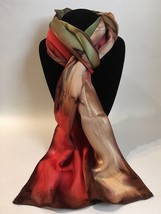 Hand Painted Silk Scarf Coral Olive Green Chestnut Brown Rectangle Unique New - £44.04 GBP