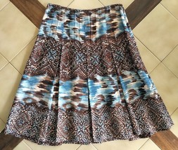NINE WEST Blue/Brown Mosaic Print Pleated Silk/Linen Skirt (2P) - £7.63 GBP