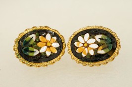 Vintage Costume Jewelry Micromosaic Daisy Flower Oval Italy Clip Earrings - £15.91 GBP
