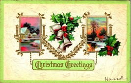 Silver Bells Holly Candles Christmas Greetings Gilt Embossed 1909 Postcard - £6.27 GBP