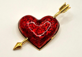 Vintage Avon Signed Red Enameled Puffy Heart Cupid Arrow Brooch Pin Gold Tone - £10.26 GBP