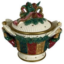 Fitz and Floyd Sri Lanka Candy Dish Angels Holly Red Bow Handled Lid Han... - £24.51 GBP
