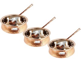 Prisha India Craft Set of 3 Handmade Steel Copper Casserole and Serving Spoon -  - £92.26 GBP