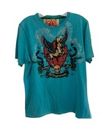 Ringspun Teal Beaded Flying Horse &amp; Shield Graphic Logo Tee Large - £30.98 GBP