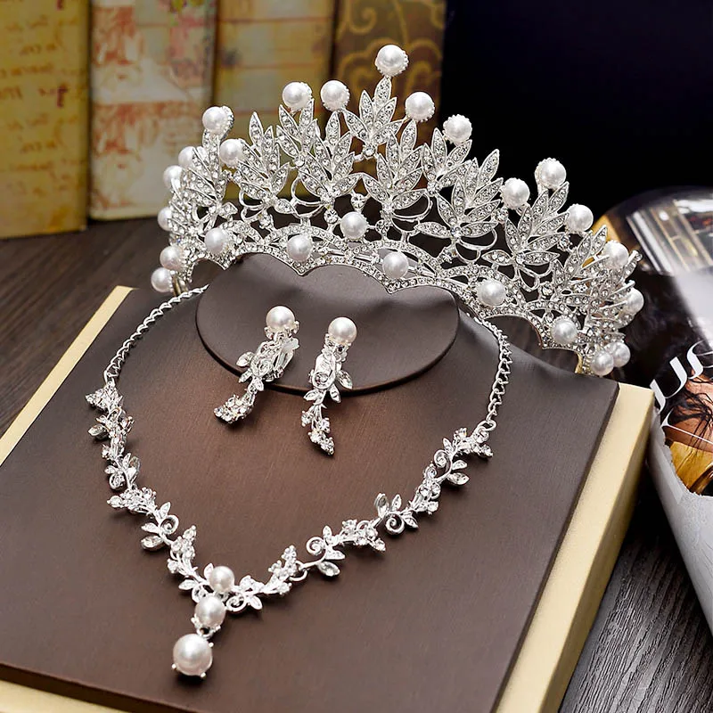 Wedding Tiara Necklace Earrings Simulated Pearl Hair Jewelry Bridal Birthday Par - £24.70 GBP