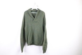Vintage 60s Mens Small Distressed Wool Blend Ribbed Knit Shawl Sweater Green USA - £55.65 GBP