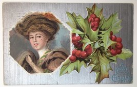 Merry Christmas Beautiful Lady with Big Hat Silver Lining Vignette Holly PC 1911 - £7.90 GBP