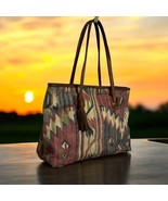 Multi Color Western Aztec Canvas Leather Tassel Trim Tote Carpet Travel ... - $74.37 CAD